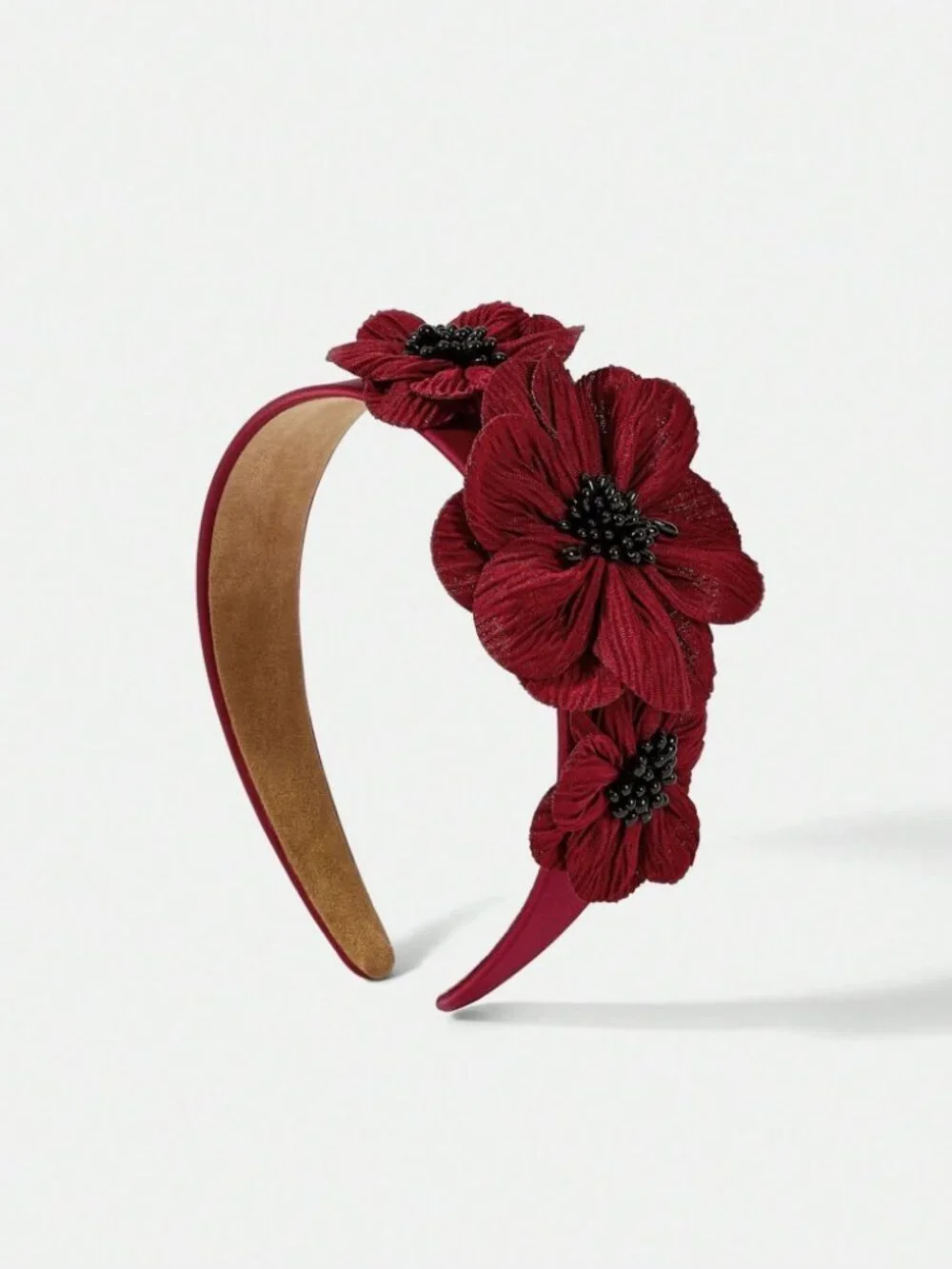 Burgundy Floral Headband with Black Beaded Centers